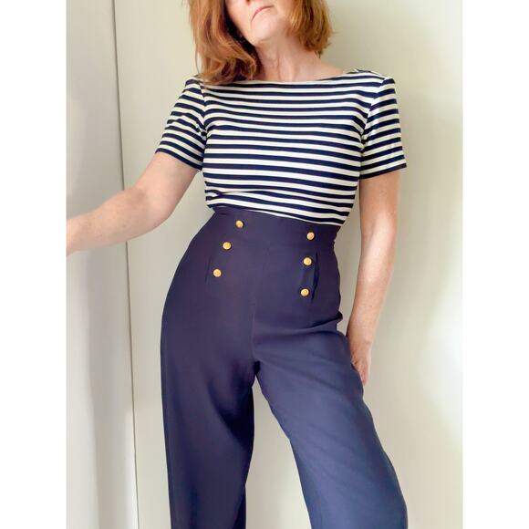 Vintage 90s Sailor Style Jumpsuit Navy White Nautical Wide Leg Size Sm/4 - Picture 4 of 8